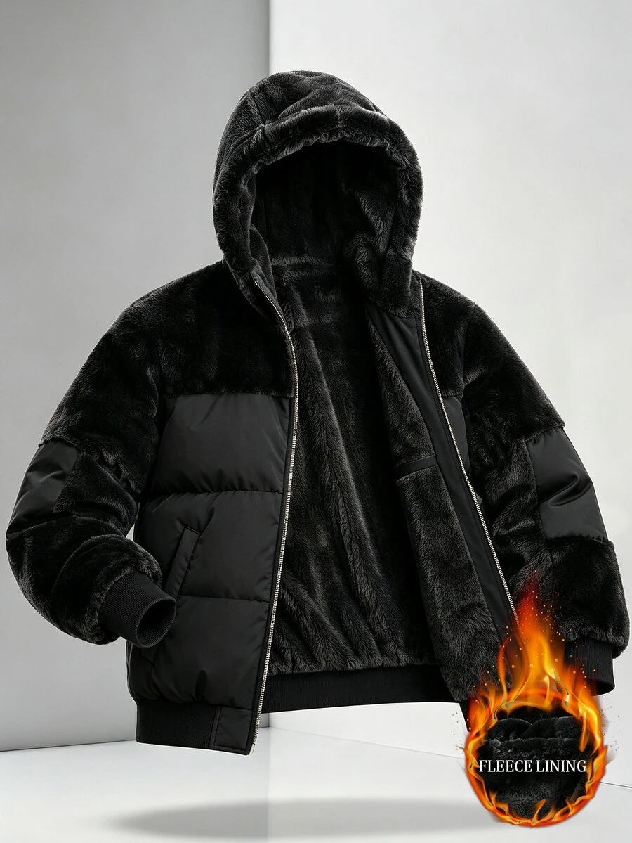 Manfinity Homme 男士純色抓絨拼接雙口袋休閒極簡百搭加厚外套 - 黑色 - 查看 1