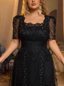 Glamrae Plus Size Elegant Romantic Square Neck Short Sleeve Sheer Rhinestone & Pearl Embellished Full A-Line Heavy Work Evening Dress For Wedding, Party, Celebration, Formal Occasion And Event - Black - View 8