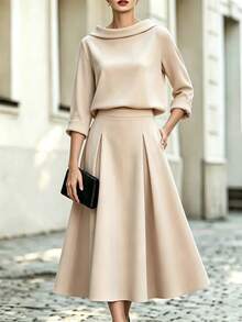 SHEIN 2 Pieces Shirt & Skirt Set, Elegant Office Fashion Shirt Paired With High-Waist Flared Skirt, Showcasing Business Style, Suitable For Commuting, Office, Daily Wear, Apricot Color - Apricot - View 5