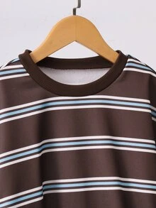 SHEIN 青少年女孩復古學院風條紋寬鬆衛衣：秋季休閒圓領咖啡棕套頭上衣 - 棕色 - 查看 4