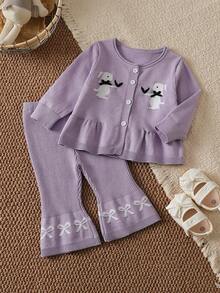 SHEIN طقم كنزة للبنات الرضع، كارديجان علوي محبوك برسومات أرنب كرتوني وفيونكة & تنورة محبوكة واسعة - ارجواني فاتح - مشاهدة 3