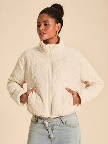 Travachic Women's Stand Collar Floral Quilted Zip-Front Double Pocket Casual Fashion Jacket - Apricot - View 3