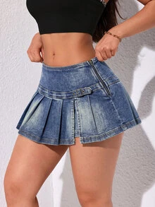 Jeanoix Women's Pleated Casual Versatile Daily Denim Mini Skirt - Blue - View 3