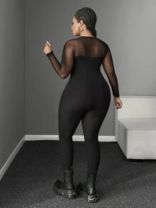 Maweii Women's Plus Size Patchwork Fishnet Long Sleeve Sexy Jumpsuit - Black - View 6