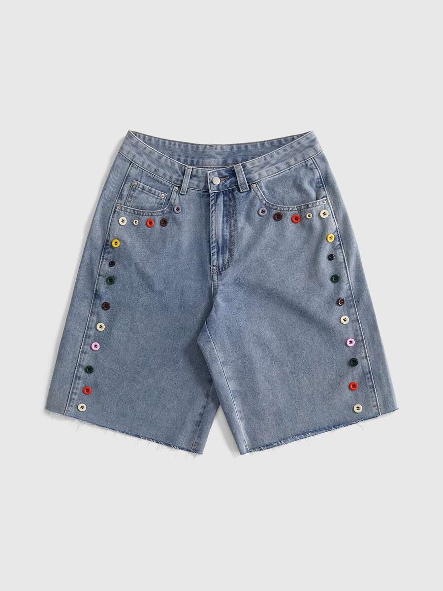 ROMWE Y2K Women's Autumn Colorful Button Decor Denim Shorts - Light Wash - View 1