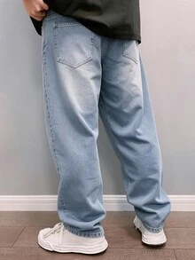 QuarKem 男士淺色水洗直筒牛仔褲，休閒經典五口袋丹寧長褲，拉鍊門襟純色日常長褲 - 藍色 - 查看 2