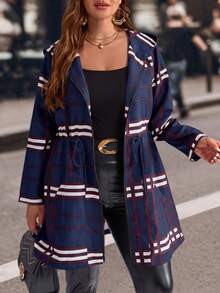 EMERY ROSE Plus Size Women Plaid Drawstring Waist Zip Up Casual Hooded Jacket,Winter Coat Women - Navy Blue - View 4