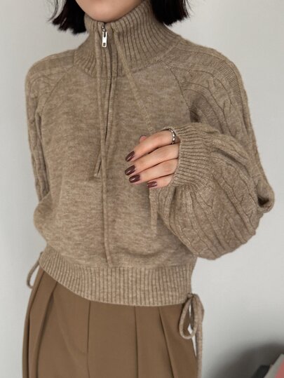 FRIFUL Women's Vintage Casual Cable Knit Zip-Up Half-Placket Long Sleeve Sweater Travel City Break Khaki Autumn