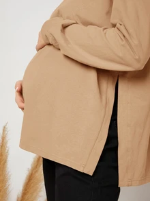 SHEIN 孕婦純色休閒日常長袖T恤 - 卡其色 - 查看 3