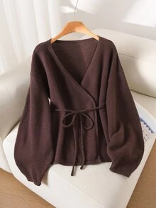 CosyJoli Plus Size Women's Solid Color Casual Cardigan For Daily Wear - Brown - View 2