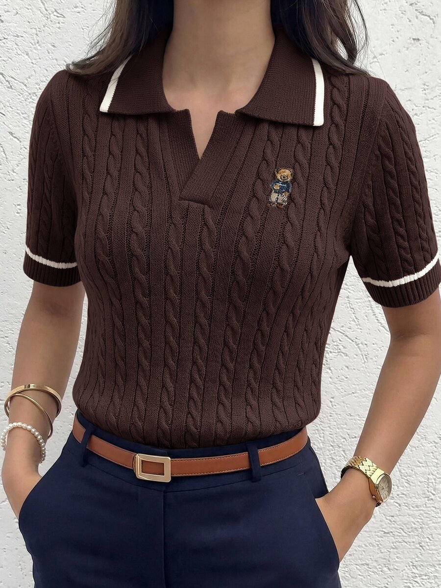 Briarwyn Women's Cartoon Bear Pattern Collared Short Sleeve Knit Top - Brown - View 1