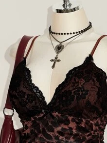 SHEIN ICON 女款大尺碼蕾絲拼接豹紋細肩帶背心上衣 - 摩卡棕 - 查看 7