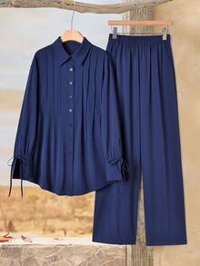 Rusticease Setelan 2 Potong Atasan dan Celana Panjang Lengan Panjang dengan Hiasan Ikat Warna Polos untuk Wanita Ukuran Besar - Navy Blue - View 11
