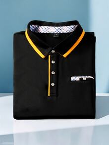 Calvornis 春秋男士長袖 Polo 領襯衫，休閒時尚日常穿著、通勤，適合秋季、正式場合，黑色長袖男士翻領春秋上衣，深色輕奢成熟裝飾輕商務休閒極簡百搭上衣 - 黑色 - 查看 1
