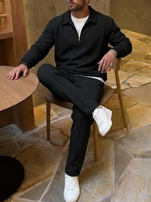 DAZY 男士春秋黑色華夫格面料微鬆版型拉鍊半開領 Polo 領 T 恤搭配彈性腰細腿長褲 2 件套 - 黑色 - 查看 7