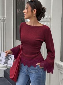 Flora Isola Flora Isola 女款對比蕾絲下擺長袖圓領純色休閒通勤T恤 - 酒紅色 - 查看 4