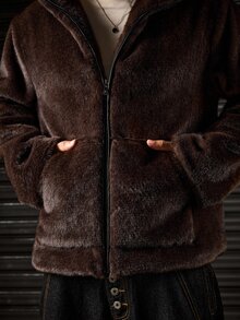 ROMWE MEN Men's Coffee Faux Fur Zipper Stand Collar Jacket - Coffee Brown - View 2
