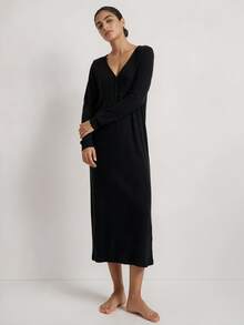 Ocili Studio Women's V-Neck Long Sleeve Button-Front Solid Color Loungewear Dress - Black - View 4