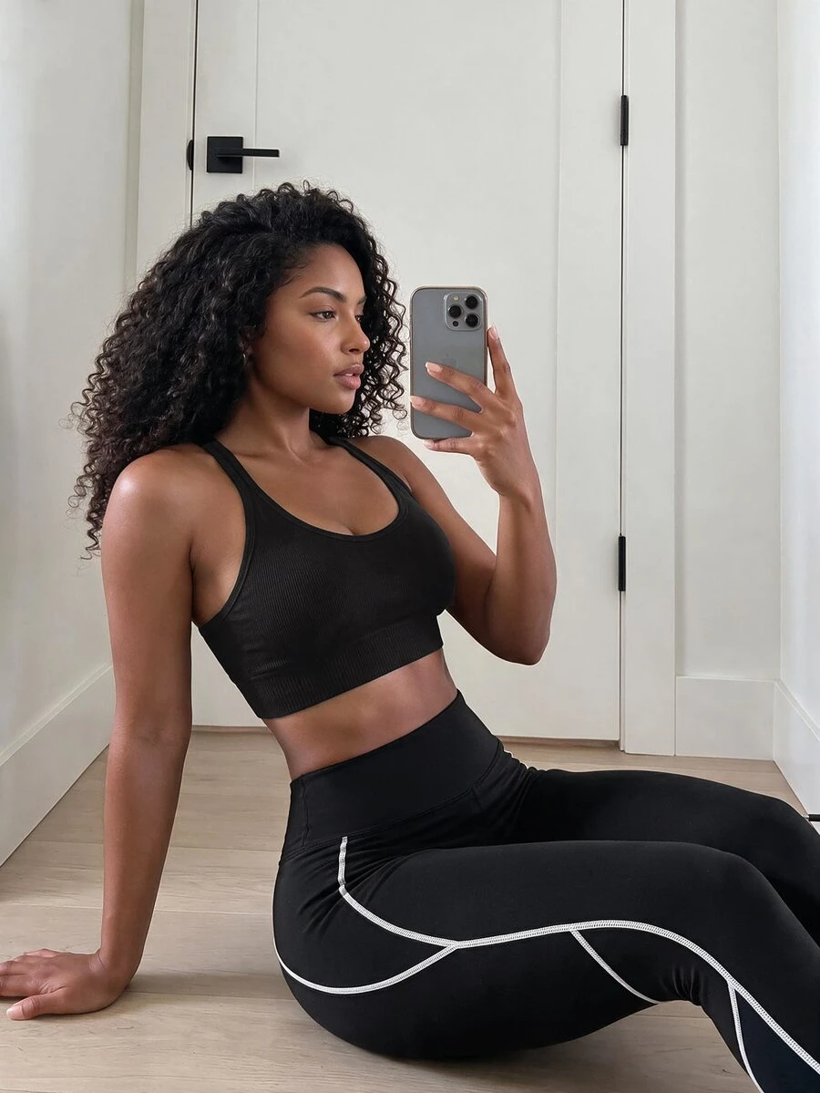 SHEIN Core Rhythm Women's High Waist Colorblock Sports Leggings - Black and White - View 1