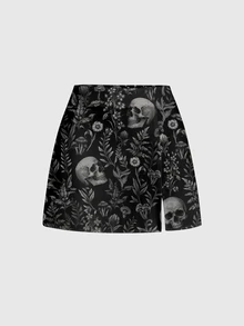 ROMWE Goth Skull Dark Mysterious Forest Print Sexy Split Mini Skirt For Women - Black - View 1