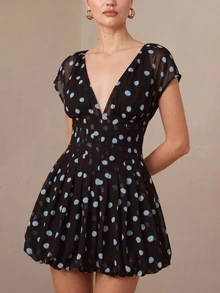 BELROSIE Women's Dress Waisted A-Line Chiffon Deep V-Neck Ruched Hem Short Elegant Sexy Romantic Black Polka Dot Party Night Out Date Night Date Summer - Purple - View 6