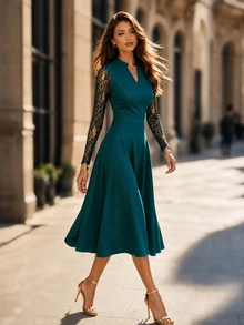 Editum Women's V-Neck Lace Patchwork Long Sleeve Cinched Waist Dress - Dark Green - View 3