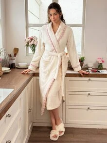 Snug Reverie Girl Style Contrast Color Trim Plush Long Robe Women Autumn/Winter Home Wear - Beige - View 4