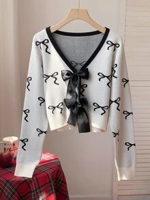 Comfortcana Women's Thin Cardigan Sweater With Bow Pattern And Bow Decor, Casual Fashion Creative Personalized Fresh Cute - White - View 5