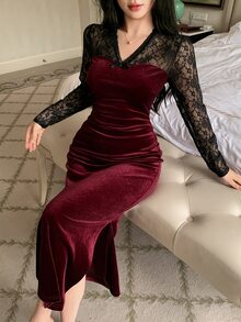 Dazy Tall Women's Long Elegant Lace Patchwork Dress - Burgundy - View 6