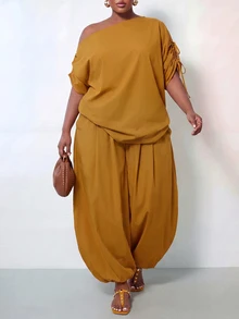 Zivah Women's Plus Size Asymmetrical Neckline Loose Fit 2 Pieces Set - Yellow - View 6