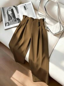 GlowEve CURVE Plus Size Women Solid Color Asymmetric Waistband With Contrasting Resin Button, Back Elastic Waist, Hand Pocket Pleated Wide Leg Pants - Khaki - View 3