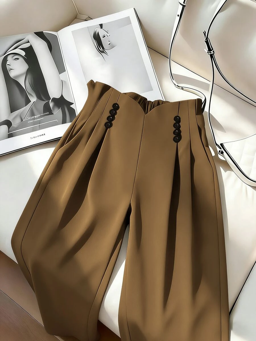 GlowEve CURVE Plus Size Women Solid Color Asymmetric Waistband With Contrasting Resin Button, Back Elastic Waist, Hand Pocket Pleated Wide Leg Pants - Khaki - View 1