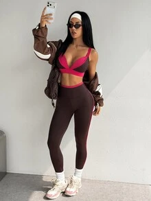 StreetHx Women's Colorblock Spaghetti Strap Bra And High Waist Leggings Casual Daily Sports Set - Brown - View 3