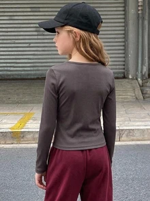 DAZY Tween女孩紫色修身長袖半鈕扣前襟內搭圓領T恤，秋季 - 淺灰紫 - 查看 2