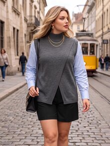 Vionelle Plus Size Women's Loose Diagonal Slit Knit Top, Suitable For Inner And Outer Layering - Grey - View 1