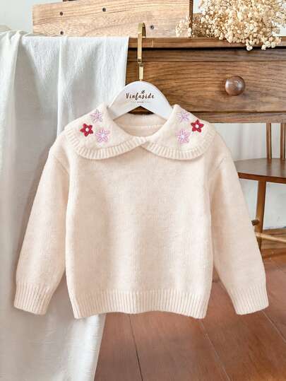 SHEIN Playful Pals Top de punto de manga larga con bordado floral lindo para niñas, suéter con decoración floral dulce, cálido y cómodo para otoño/invierno, adecuado para uso diario, estilo elegante para niñas