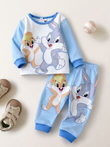 LOONEY TUNES X SHEIN Baby Boy Cartoon Print Long Sleeve Top And Leggings Loungewear Set - Blue - View 7