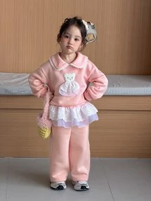 DAZY Setelan Sweatshirt 2 Potong Gaya Korea Kerah Peter Pan untuk Bayi Perempuan, Warna Polos, Kasual Musim Gugur/Dingin - Baby Pink - View 7