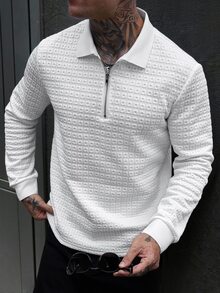 Manfinity CasualCool Men's Textured Long Sleeve Zipper Design Casual Polo Shirt - White - View 3