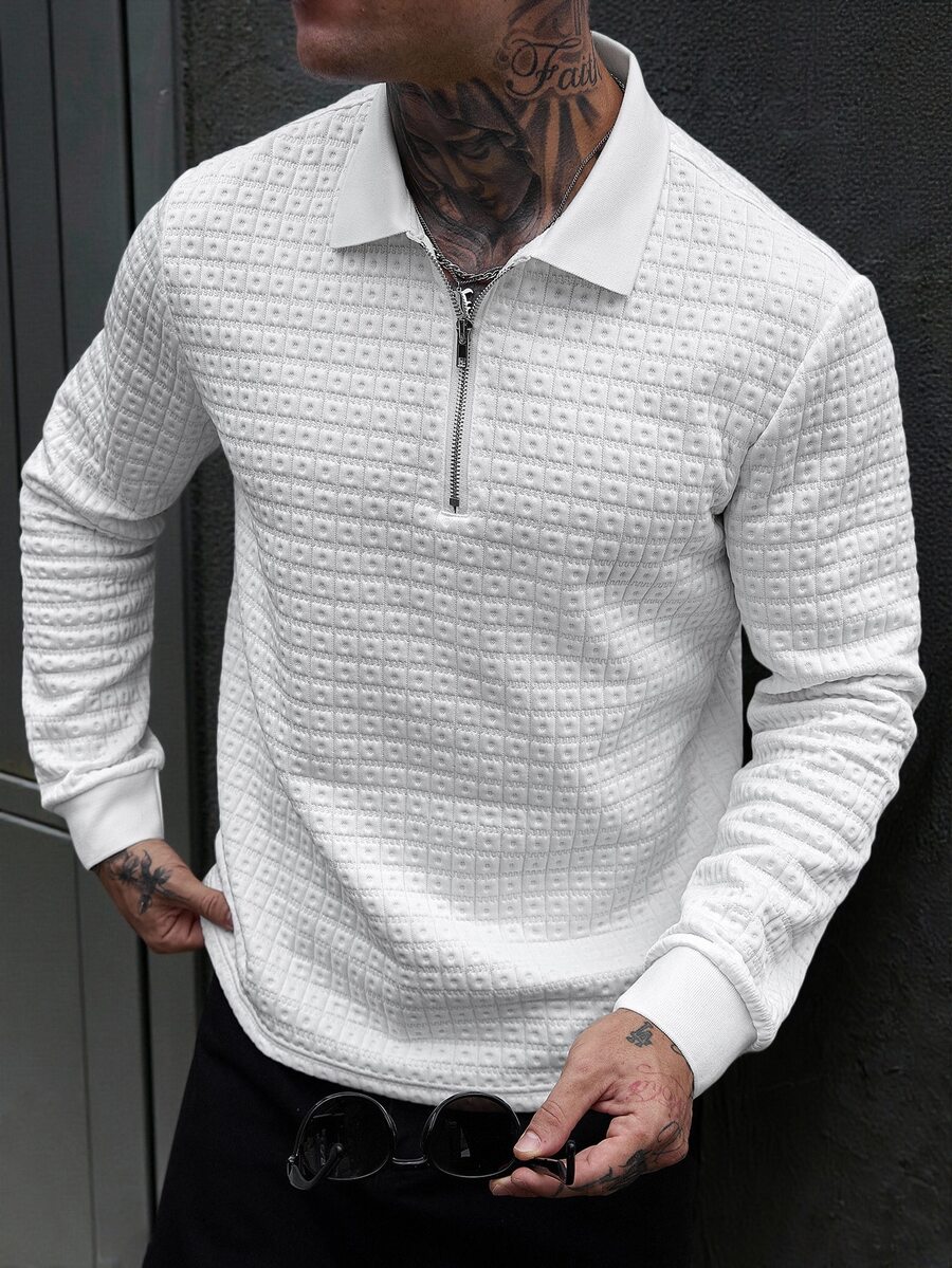 Manfinity CasualCool 男士紋理長袖拉鍊設計休閒 Polo 衫 - 白色 - 查看 1