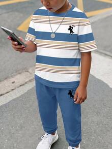 兒童青少年男孩休閒舒適時尚極簡圓領短袖T恤與長褲套裝 - 彩色 - 查看 6
