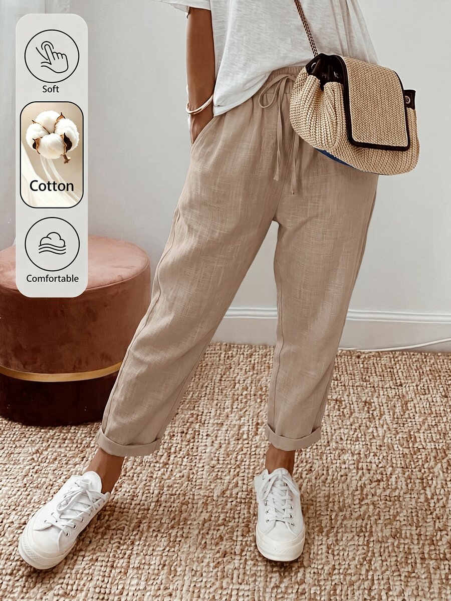 SHEIN Holidaya Women's Spring/Summer Solid Color Drawstring Elastic Waist Pocket Rolled Hem Ankle Pants, Casual Bohemian Loose Fit Long Pants - Khaki - View 1