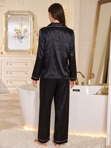 LuxeNights Jacquard Faux Silk Contrast Trim Lapel Front-Opening Long Sleeve Pants Pajama Set For Women - Black - View 2