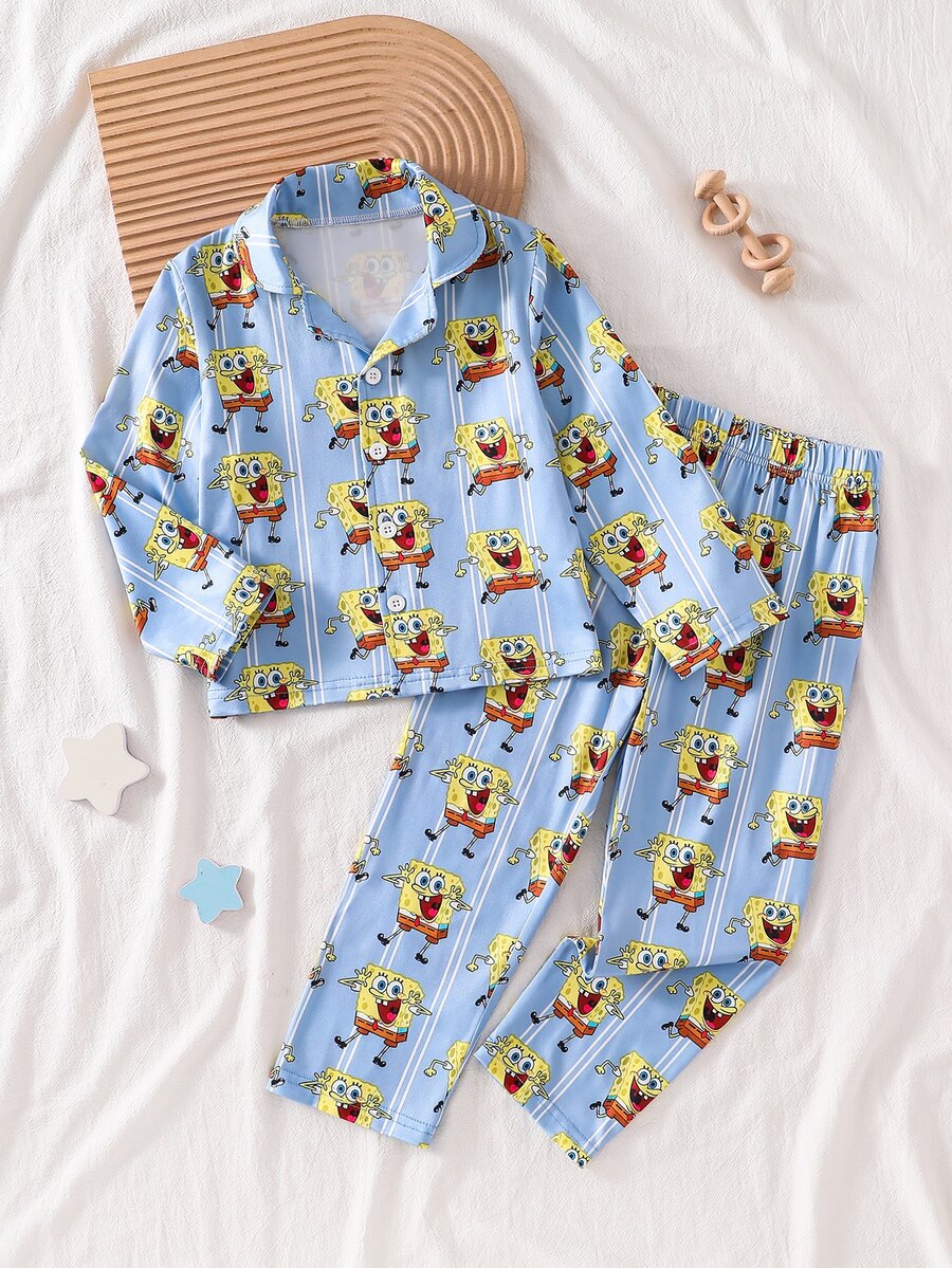 SpongeBob SquarePants | SHEIN 小男孩休閒卡通條紋印花長袖上衣與長褲睡衣套裝 - 彩色 - 查看 1
