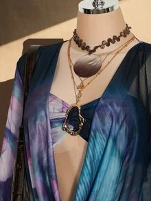 SHEIN ICON 大尺碼 Y2K 復古度假套裝，復古豹紋花卉網格印花套裝，抹胸上衣、抽繩裙、罩衫 3 件套，海灘度假，夏季度假 - 藍色 - 查看 5