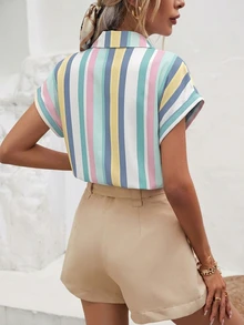 SHEIN Frenchy 女款夏季條紋單排扣短袖時尚襯衫 - 彩色 - 查看 2