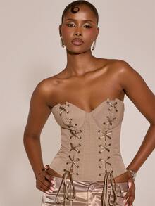 MUSERA Strapless Lace Up Bust Detail Corset Style Crop Top Sexy Evening Night Going Out Fall Winter Autumn Solitude - Khaki - View 2
