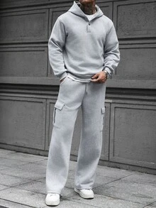 Manfinity CasualCool طقم رجالي هودي بلون موحد وأكمام طويلة مع بنطلون برباط خصر - رمادي - مشاهدة 6