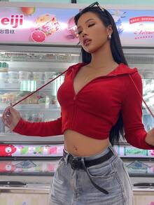 SHEIN EZwear 女款修身拉鍊運動衫，秋冬款，紅色 - 紅色 - 查看 8