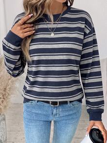 SHEIN LUNE 女款休閒圓領寬鬆條紋衛衣，秋季服飾，適合日常通勤、聚會、夏季、聖誕節、新年、感恩節、派對、婚禮、海灘、出遊、約會、情人節，優雅度假 Y2K 風格 - 白色 - 查看 4